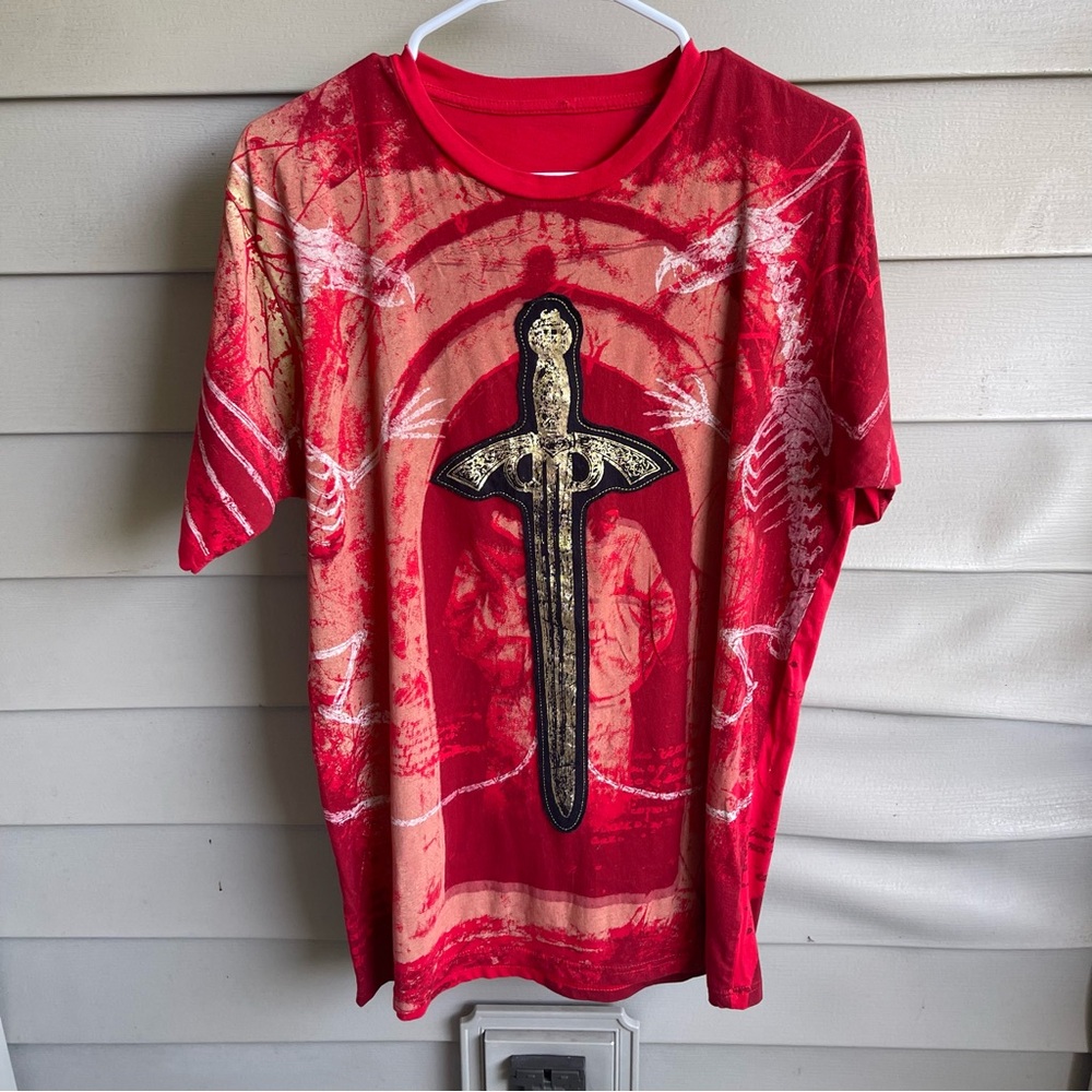 Mens All Over Graphic Y2K T Shirt Size M Red Alternative Punk Cross‎ Grunge